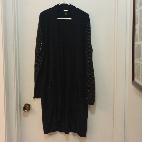 Chicos Black Label Cardigan Womens Knit Long Rhinestone Silk Blend Pockets size2 - Picture 8 of 9